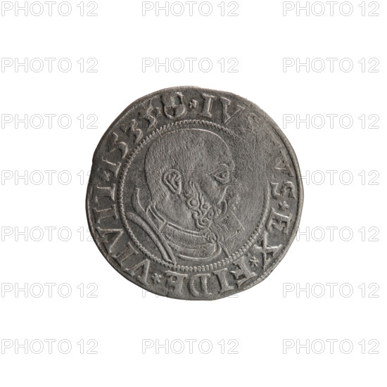 grosz, Decius, Jost Ludwik (fl. 1528-1535), eagles, Albrecht Hohenzollern (Prince of Prussia; 1490-1568) - iconography, Hohenzollern (coat of arms), male busts in armor. Obverse: Prussian eagle, on his chest a crowned letter S. In the rim between the pearl borders an inscription beginning with a rosette, ALBER*DD*G*MAR*BRAN*DVX*PRVS. Reverse: Male bust in armor in profile turned to the right, short hair, beard with sideburns. In the rim between the pearl borders an inscription starting with the Hohenzollern coat of arms *IV, VS*EX*FIDE*VIVIT*I535*. 1535. Ducal Prussia (1525–1701), Königsberg. Coin; diameter 23.4 mm; weight 1.92 g; axis 200°.