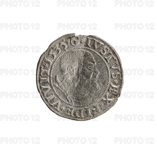 grosz, Decius, Jost Ludwik (fl. 1528–1535), Albrecht Hohenzollern (Prince of Prussia; 1490–1568) — iconography: eagles, Hohenzollern coat of arms, male busts in armor. Obverse: Prussian eagle, on its chest a crowned letter S; in the rim between the pearl borders an inscription beginning with a rosette ALBER, D*G*, AR*BRAN*DVX*PRVS. Reverse: male bust in armor in profile turned to the right, short hair, beard with sideburns; on the rim, between the pearl borders, an inscription beginning with the Hohenzollern coat of arms: *IVSTVS *EX *FIDE *VIVIT *I535*. Date: 1535. Place: Ducal Prussia (1525–1701), Königsberg. Object: coin (grosz), diameter 23.1 mm, weight 1.64 g, axis 45°.