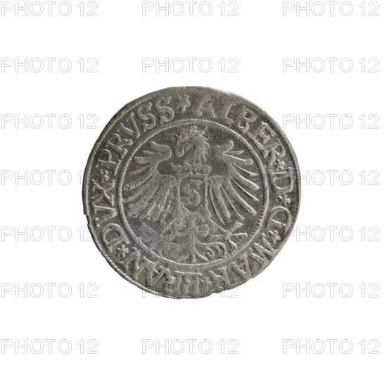 Artist: Decius Grosz (Jost Ludwik) (fl. 1528–1535). Object: coin, Ducal Prussia (1525–1701), 1535, Königsberg. Material/measurements: diameter 23.1 mm, weight 1.75 g, axis 140°. Obverse: Prussian eagle; on its chest a crowned letter S. In the rim between pearl borders an inscription beginning with a rosette in the shape of a cornflower: ALBER*D*G*MAR*BRAN*DVX*PRVSS. Reverse: male bust in armor in profile to the right, short hair, beard with sideburns. On the rim between the pearl borders an inscription beginning with the Hohenzollern coat of arms: *IVSTVS*EX*FIDE*VIVIT*I535*. Subject: Albert of Prussia (Prince of Prussia; 1490–1568) — iconography; Hohenzollern coat of arms; male busts in armor.