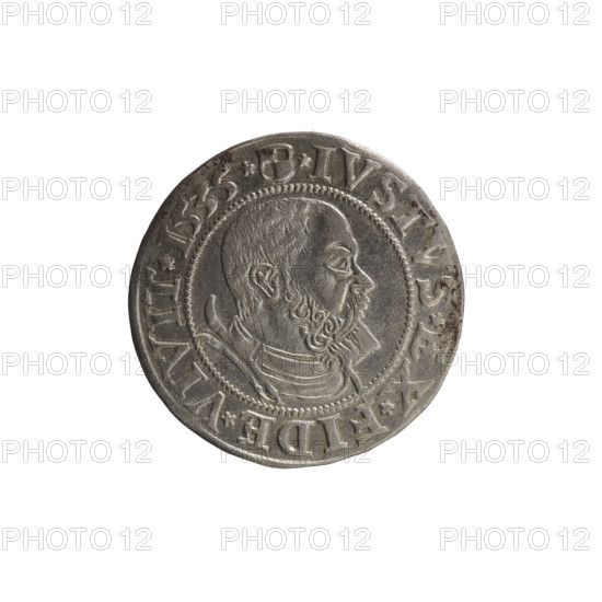 grosz, Decius, Jost Ludwik (fl. 1528-1535); eagles; Albert of Prussia (Prince of Prussia; 1490-1568) — iconography; Hohenzollern (coat of arms); male busts in armor. Obverse: Prussian eagle, on his chest a crowned letter S; in the rim between the pearl borders an inscription beginning with a rosette ALBER*D*G*MAR*BRAN*DVX*PRVS. Reverse: male bust in armor in profile turned to the right, short hair, beard with sideburns; on the rim between the pearl borders an inscription beginning with the Hohenzollern coat of arms: *IVSTVS*EX*FIDE*VIVIT*I535*. Date: 1535. Place: Ducal Prussia (1525–1701), Königsberg. Object: coin; diameter 23.0 mm; weight 2.02 g; axis 45°.