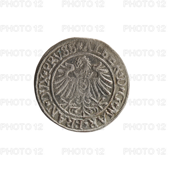 grosz, Decius, Jost Ludwik (fl. 1528-1535); eagles; Albrecht Hohenzollern (Prince of Prussia; 1490-1568) - iconography; Hohenzollern (coat of arms); male busts in armor. Obverse: Prussian eagle, on his chest a crowned letter S. In the rim between the pearl borders an inscription beginning with a rosette in the shape of a cornflower ALB, R*D*G*MAR*BRAN*DVX*PRVSS. Reverse: male bust in armor in profile turned to the right, short hair, beard with sideburns. In the rim, between the pearl borders, an inscription beginning with the Hohenzollern coat of arms *IVST, S*EX*FIDE*VIVIT* I535*. 1535. Ducal Prussia (1525–1701), Königsberg. Coin: diameter 23.5 mm, weight 1.71 g, axis 225°.
