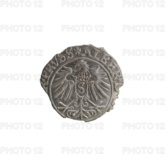Grosz, Decius, Jost Ludwik (fl. 1528–1535). Coin (1535), Ducal Prussia (1525–1701), Königsberg. Obverse: Prussian eagle with on its chest a crowned letter S; in the rim between the pearl borders an inscription beginning with a rosette in the shape of a cornflower ALBER* *PRVSS. Reverse: Male bust in armor in profile turned to the right, short hair, beard with sideburns; pearl border; around the rim an inscription beginning with the Hohenzollern coat of arms *IVSTV *I535* 1535. Iconography: Albrecht Hohenzollern (Prince of Prussia; 1490–1568) — Hohenzollern coat of arms, male busts in armor. Coin: diameter 20.4 mm, weight 0.88 g, axis 0°.