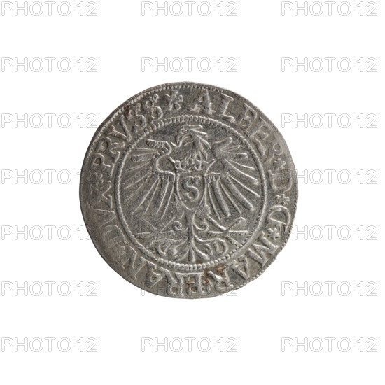 Artist: Grosz; Vogelwaider (Vogelwaid), Eustachius, publisher; Decius, Jost Ludwik (fl. 1528–1535). Work: coin (obverse and reverse described). Date: 1537. Place: Königsberg, Ducal Prussia (1525–1701). Material/format: coin; diameter 23.5 mm; weight 1.98 g; axis 300°. Iconography/description: Obv. Prussian eagle; on its chest a crowned letter S; on the rim between pearl borders an inscription beginning with a rosette ALBER*D*G*MAR*BRAN, PRVSS Rw. Rev. Male bust in armor, profile turned right, short hair, beard with sideburns; on the rim, between the pearl borders, an inscription beginning with the Hohenzollern coat of arms: *IVSTVS*EX*F, VIVIT*I537*. Marks: R (rarity). Subjects: Albrecht Hohenzollern (Prince of Prussia; 1490–1568) — iconography, Hohenzollern coat of arms, eagles, male busts in armor.