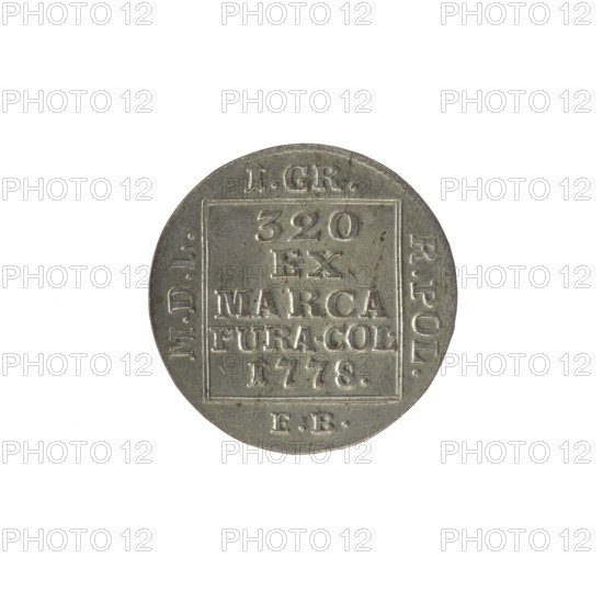 silver Crown groschen, Stanislaw August Poniatowski (King of Poland; 1764–1795), Brenn, Efraim (fl. 1774–1792), Stanislaw August Poniatowski (King of Poland; 1732–1798), monograms, tied monograms, royal monograms, inscriptions, Crown coins, Polish coins. Obverse: in a square frame under a crown, a tied monogram composed of the letters SAR, pearl border. Reverse: in a square frame an inscription in five lines: '320/EX/MARCA/PURA.COL./1778', on the sides of the square: '1.GR./R.POL./MDL/EB', pearl border, dated 1778. Polish–Lithuanian Commonwealth (1569–1795), Warsaw, Poland. Coin; diameter 20.8–21.0 mm; weight 2.25 g.