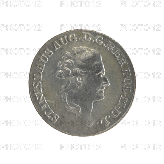 Crown zloty, Stanislaw August Poniatowski (King of Poland; 1764–1795), Brenn, Efraim (fl. 1774–1792) (1774–1792). Polish coin, 1785. Obverse: Head of Stanislaw August, inscription around rim: 'STANISLAUS AUG.DGREX POL.MDL', pearl border. Reverse: Under a crown, in a wreath, a round five-field coat of arms with the coats of arms of Poland (Eagle), Lithuania (Pogon) and the Poniatowski coat of arms (Ciolek); below the letters 'EB' and '4.GR', around the inscription divided by a crown: 'LXXX.EX.MARCA-PURA.COL.1785', pearl border. Diagonally fluted edge. Polish–Lithuanian Commonwealth (1569–1795). Diameter ~26.4–26.7 mm, weight 5.38 g.