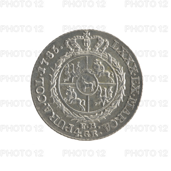 Crown zloty, Stanislaw August Poniatowski (King of Poland; 1764–1795), Brenn, Efraim (fl. 1774–1792) (1774–1792). Polish coin, 1785. Obverse: head of Stanislaw August, inscription around rim 'STANISLAUS AUG.DGREX POL.MDL', pearl border. Reverse: under a crown, in a wreath, a round five-field coat of arms with the coats of arms of Poland (Eagle), Lithuania (Pogon) and the Poniatowski coat of arms (Ciolek); below the letters 'EB' and '4.GR', around the inscription divided by a crown: 'LXXX.EX.MARCA-PURA.COL.1785', pearl border. Diagonally fluted edge. Polish–Lithuanian Commonwealth (1569–1795), Warsaw, Poland. Coin: diameter 26.4–26.7 mm, weight 5.38 g.