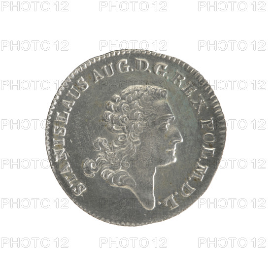 Gold crown (1766) depicting Stanislaw August Poniatowski (King of Poland; 1764–1795). Obverse: head of Stanislaw August, inscription around the rim: 'STANISLAUS AUG.DGREX POL.MDL', pearl border. Reverse: under a crown, in a wreath, a round five-field heraldic shield with the coats of arms of Poland (Eagle), Lithuania (Pogon), and the Poniatowski family (Ciolek); below the letters 'FS' and '4.GR'; around, inscription divided by a crown: 'LXXX.EX.MARCA-PURA.COL:1766', pearl border. Diagonally fluted edge. Coin (Polish-Lithuanian Commonwealth, 1766), diameter ~26.4–27.0 mm, weight 5.36 g. Portraiture, heraldic shields, multi-field heraldic shield, heraldic shields under a crown; Fryderyk Sylm (1765–1767) associated with minting.