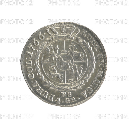 Gold crown, Stanislaw August Poniatowski (King of Poland; 1764–1795). Obverse: Head of Stanislaw August, inscription around rim: 'STANISLAUS AUG.DGREX POL.MDL', pearl border. Reverse: Under a crown, in a wreath, a round five-field heraldic shield with coats of arms of Poland (Eagle), Lithuania (Pogon) and Poniatowski family (Ciolek); below the letters 'FS' and '4.GR'; around, inscription divided by a crown: 'LXXX.EX.MARCA-PURA.COL:1766', pearl border, diagonally fluted edge. Dated 1766. Polish–Lithuanian Commonwealth (1569–1795). Coin; diameter ~26.4–27.0 mm; weight 5.36 g. Portraits of rulers; heraldic shields; multi-field heraldic shields; heraldic shields under a crown; coats of arms. Maker: Sylm, Fryderyk (1765–1767).