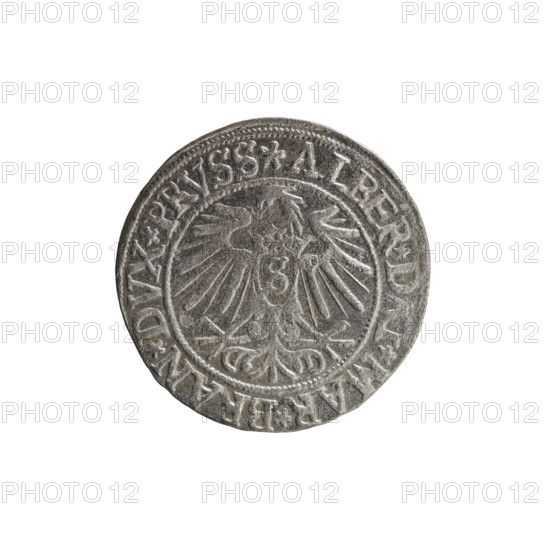 grosz, Vogelwaider (Vogelwaid), Eustachius, publisher, Decius, Jost Ludwik (fl. 1528-1535), R (rarity), eagles, Hohenzollern (coat of arms), Albrecht Hohenzollern (Prince of Prussia; 1490-1568) - iconography, male busts in armor. Obv. Prussian eagle, on his chest a crowned letter S. On the rim between the pearl borders an inscription beginning with a rosette ALBER*D, *MAR*BRAN*DVX*PRVSS. Rv. Male bust in armor, profile turned to the right, short hair, beard with sideburns. On the rim, between the pearl borders, an inscription beginning with the Hohenzollern coat of arms: *IVSTVS*EX*FIDE*VIVIT*I537*. 1537. Ducal Prussia (1525-1701), Königsberg. Coin: diameter 23.5 mm, weight 1.86 g, axis 225 degrees.