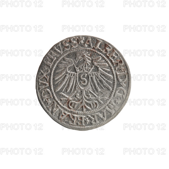grosz, Vogelwaider (Vogelwaid), Eustachius, Decius, Jost Ludwik (fl. 1528-1535), publisher, R (rarity), Albrecht Hohenzollern (Prince of Prussia; 1490-1568) - iconography, eagles, Hohenzollern (coat of arms), male busts in armor. Obv. Prussian eagle, on its chest a crowned letter S. On the rim between the pearl borders an inscription beginning with a rosette ALBER*D*G*MAR*BRAN*DVX*PRVSS. Rw. Male bust in armor, profile turned to the right, short hair, beard with sideburns. On the rim, between the pearl borders, an inscription beginning with the Hohenzollern coat of arms *IVSTVS*EX*FIDE*VIVIT* I537*, 1537, Ducal Prussia (1525-1701), Königsberg, coin: diameter 23.3 mm, weight 2.00 g, axis 60 degrees.