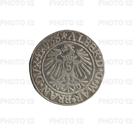 grosz, Vogelwaider (Vogelwaid), Eustachius, publisher, Decius, Jost Ludwik (fl. 1528-1535), R (rarity), Albrecht Hohenzollern (Prince of Prussia; 1490-1568) - iconography, eagles, Hohenzollern (coat of arms), male busts in armor. Obv. Prussian eagle, on its chest a crowned letter S. On the rim between the pearl borders an inscription beginning with a rosette ALBER*D*G*MAR*BRAN*DVX*PRVSS. Rv. Male bust in armor, profile turned to the right, short hair, beard with sideburns. On the rim, between the pearl borders, an inscription beginning with the Hohenzollern coat of arms *IVSTVS*EX*FIDE*VIVIT*I537*. 1537, Ducal Prussia (1525-1701), Königsberg; coin: diameter 23.0 mm, weight 1.96 g, axis 0°.