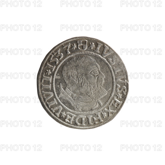 Obverse: Prussian eagle, on its chest a crowned letter S; on the rim between the pearl borders an inscription beginning with a rosette ALBER*D*G*MAR*BRAN*DVX*PRVSS. Reverse: male bust in armor, profile turned to the right, short hair, beard with sideburns; on the rim between the pearl borders an inscription beginning with the Hohenzollern coat of arms *IVSTVS*EX*FIDE*VIVIT*I537*. Maker: Grosz; Vogelwaider (Vogelwaid), Eustachius, publisher; Decius, Jost Ludwik (fl. 1528–1535). Subject/iconography: Albrecht Hohenzollern (Prince of Prussia; 1490–1568), eagles, Hohenzollern coat of arms, male busts in armor. Date: 1537. Place/issue: Ducal Prussia (1525–1701), Königsberg. Object: coin; diameter 23.0 mm; weight 1.96 g; axis 0°. R (rarity).