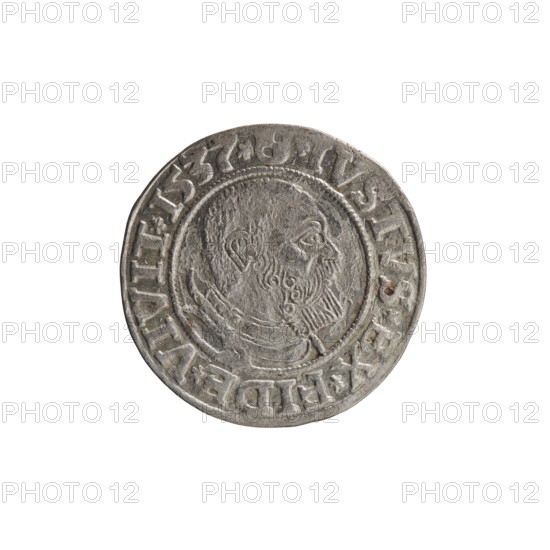 grosz; Vogelwaider (Vogelwaid), Eustachius, publisher; Decius, Jost Ludwik (fl. 1528–1535); R (rarity). Albrecht Hohenzollern (Prince of Prussia; 1490–1568) — iconography: eagles, Hohenzollern (coat of arms), male busts in armor. Obverse: Prussian eagle with on its chest a crowned letter S; on the rim between pearl borders an inscription beginning with a rosette ALBER*D*G*MAR*BRAN*DVX*PRVSS. Reverse: male bust in armor, profile right, short hair, beard with sideburns; on the rim between pearl borders an inscription beginning with the Hohenzollern coat of arms: *IVSTVS*EX*FIDE*VIVIT*I537*. Dated 1537, Königsberg, Ducal Prussia (1525–1701). Coin: grosz, diameter 23.0 mm, weight 1.90 g, axis 340°.