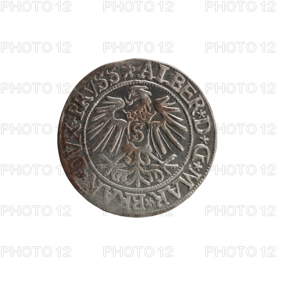 grosz; Vogelwaider (Vogelwaid), Eustachius, publisher; Decius, Jost Ludwik (fl. 1528-1535); R (rarity); eagles; Albrecht Hohenzollern (Prince of Prussia; 1490-1568) — iconography; Hohenzollern (coat of arms); male busts in armor. Obv.: Prussian eagle, on its chest a crowned letter S; on the rim between the pearl borders an inscription beginning with a rosette ALBER*D*G*MAR*BRAN*DVX*PRVSS. Rev.: male bust in armor, profile turned to the right, short hair, beard with sideburns; on the rim, between the pearl borders, an inscription beginning with the Hohenzollern coat of arms: *IVSTVS*EX*FIDE*VIVIT*I537*. Date: 1537, Königsberg, Ducal Prussia (1525–1701). Coin: diameter 23.3 mm, weight 2.05 g, axis 170°.