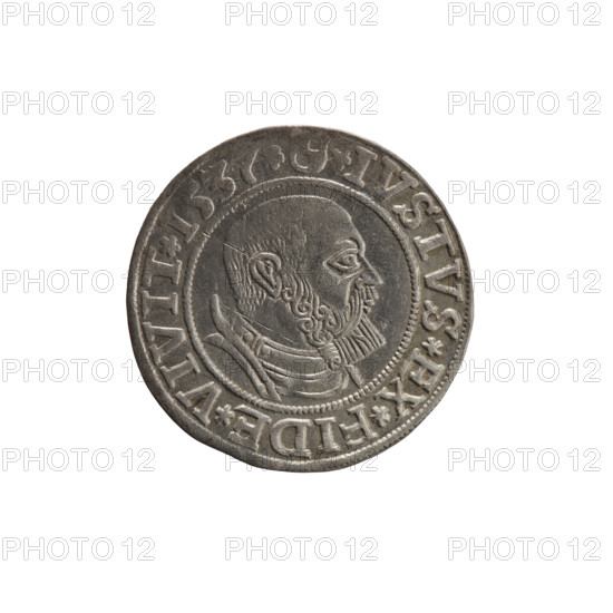 grosz; Vogelwaider (Vogelwaid), Eustachius, publisher; Decius, Jost Ludwik (fl. 1528–1535); R (rarity); eagles; Albrecht Hohenzollern (Prince of Prussia; 1490–1568) — iconography; Hohenzollern (coat of arms); male busts in armor. Obverse: Prussian eagle, on its chest a crowned letter S; on the rim between the pearl borders an inscription beginning with a rosette ALBER*D*G*MAR*BRAN*DVX*PRVSS. Reverse: male bust in armor, profile turned to the right, short hair, beard with sideburns; on the rim, between the pearl borders, an inscription beginning with the Hohenzollern coat of arms: *IVSTVS*EX*FIDE*VIVIT*I537*. Date: 1537. Place: Königsberg, Ducal Prussia (1525–1701). Object: coin; diameter 23.3 mm; weight 2.05 g; axis 170°.