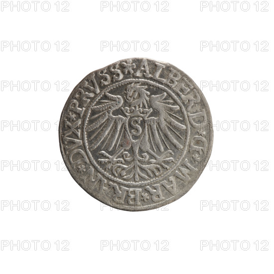 Decius Grosz; Jost Ludwik (fl. 1528–1535), publisher; Vogelwaider (Vogelwaid), Eustachius. Coin (Ducal Prussia, Königsberg), 1537. Silver, diameter 23.1 mm, weight 1.87 g, axis 0°. Obverse: Prussian eagle, on its chest a crowned letter S; on the rim between pearl borders an inscription beginning with a rosette ALBER*D*G*MAR*BRAN*DVX*PRVSS. Reverse: Male bust in armor, profile turned right, short hair, beard with sideburns; on the rim between pearl borders an inscription beginning with the Hohenzollern coat of arms *IVSTVS*EX*FIDE*VIVIT*I537*. Iconography: Albrecht Hohenzollern (Prince of Prussia; 1490–1568), eagles, Hohenzollern coat of arms, male busts in armor. R (rarity).