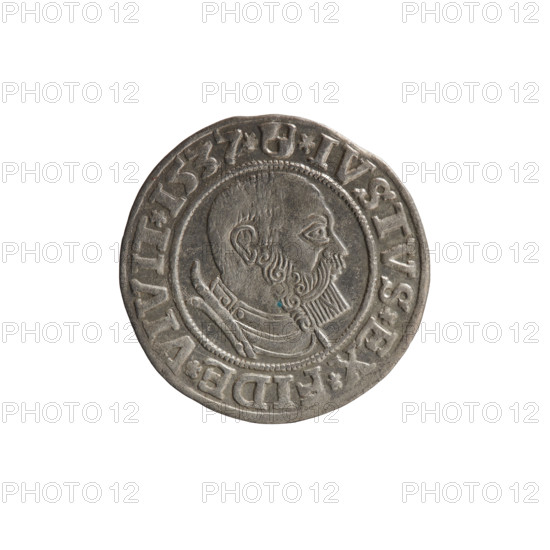 grosz, Decius, Jost Ludwik (fl. 1528–1535), Vogelwaider (Vogelwaid), Eustachius, publisher, R (rarity), Albrecht Hohenzollern (Prince of Prussia; 1490–1568) — iconography: eagles, male busts in armor, Hohenzollern (coat of arms). Obverse: Prussian eagle, on its chest a crowned letter S; on the rim between the pearl borders an inscription beginning with a rosette ALBER*D*G*MAR*BRAN*DVX*PRVSS. Reverse: male bust in armor, profile to right, short hair, beard with sideburns; on the rim between the pearl borders an inscription beginning with the Hohenzollern coat of arms *IVSTVS*EX*FIDE*VIVIT* I537*. 1537, Ducal Prussia (1525–1701), Königsberg. Coin: diameter 23.1 mm, weight 1.87 g, axis 0°.