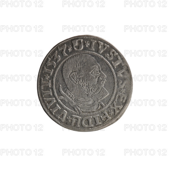 grosz; Vogelwaider (Vogelwaid), Eustachius, publisher; Decius, Jost Ludwik (fl. 1528–1535); R (rarity). Obv.: Prussian eagle, on its chest a crowned letter S; on rim between pearl borders an inscription beginning with a rosette ALBER*D*G, R*BRAN*DVX*PRVSS. Rev.: male bust in armor, profile turned to the right, short hair, beard with sideburns; on rim between pearl borders an inscription beginning with the Hohenzollern coat of arms: *IVSTVS*EX*FIDE*VIVIT*I537*. 1537, Königsberg, Ducal Prussia (1525–1701). Coin; diameter 23.5 mm; weight 1.96 g; axis 135°.