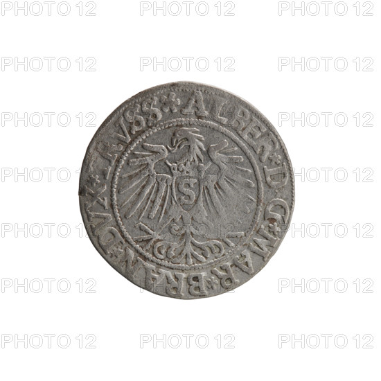grosz; Vogelwaider (Vogelwaid), Eustachius, publisher; Decius, Jost Ludwik (fl. 1528–1535); R (rarity). Obverse: Prussian eagle, on its chest a crowned letter S; on the rim between pearl borders an inscription beginning with a rosette ALBER*D, G*MAR*BRAN*DVX*PRVSS. Reverse: male bust in armor, profile turned to the right, short hair, beard with sideburns; on the rim between pearl borders an inscription beginning with the Hohenzollern coat of arms: *IVSTVS*EX*FIDE*VIVIT*I537*. 1537, Königsberg, Ducal Prussia (1525–1701). Coin; diameter 23.5 mm; weight 2.08 g; axis 280°.