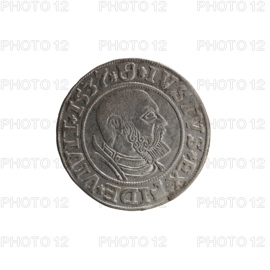 grosz; Vogelwaider (Vogelwaid), Eustachius, publisher; Decius, Jost Ludwik (fl. 1528–1535); R (rarity). Albrecht Hohenzollern (Prince of Prussia; 1490–1568) — iconography: eagles, male busts in armor, Hohenzollern coat of arms. Obverse: Prussian eagle, on its chest a crowned letter S; on the rim between the pearl borders an inscription beginning with a rosette ALBER*D, G*MAR*BRAN*DVX*PRVSS. Reverse: male bust in armor, profile turned to the right, short hair, beard with sideburns; on the rim, between the pearl borders, an inscription beginning with the Hohenzollern coat of arms: *IVSTVS*EX*FIDE*VIVIT*I537*. Date: 1537, Königsberg, Ducal Prussia (1525–1701). Coin: diameter 23.5 mm, weight 2.08 g, axis 280°.