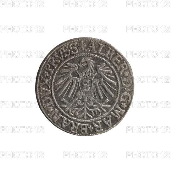 grosz, Vogelwaider (Vogelwaid), Eustachius, publisher, Decius, Jost Ludwik (fl. 1528-1535), R (rarity), eagles, Albrecht Hohenzollern (Prince of Prussia; 1490-1568) - iconography, male busts in armor, Hohenzollern (coat of arms), Obv. Prussian eagle, on its chest a crowned letter S. On the rim between the pearl borders an inscription beginning with a rosette ALBER*D*G*MAR*BRAN*DVX*PRVSS. Rv. Male bust in armor, profile turned to the right, short hair, beard with sideburns. On the rim, between the pearl borders, an inscription beginning with the Hohenzollern coat of arms: *IVSTVS*EX*FIDE*VIVIT*I537*. 1537, Königsberg, Ducal Prussia (1525-1701). Coin: diameter 23.7 mm, weight 1.89 g, axis 190 degrees.
