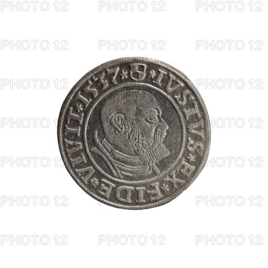 grosz; Vogelwaider (Vogelwaid), Eustachius, publisher; Decius, Jost Ludwik (fl. 1528–1535); R (rarity). Obverse: Prussian eagle with on its chest a crowned letter S; on the rim between the pearl borders an inscription beginning with a rosette ALBER*D*G*MAR*BRAN*DVX*PRVSS. Reverse: male bust in armor, profile turned to the right, short hair, beard with sideburns; on the rim between the pearl borders an inscription beginning with the Hohenzollern coat of arms: *IVSTVS*EX*FIDE*VIVIT*I537*. 1537, Königsberg, Ducal Prussia (1525–1701). Coin; diameter 23.7 mm; weight 1.89 g; axis 190°.