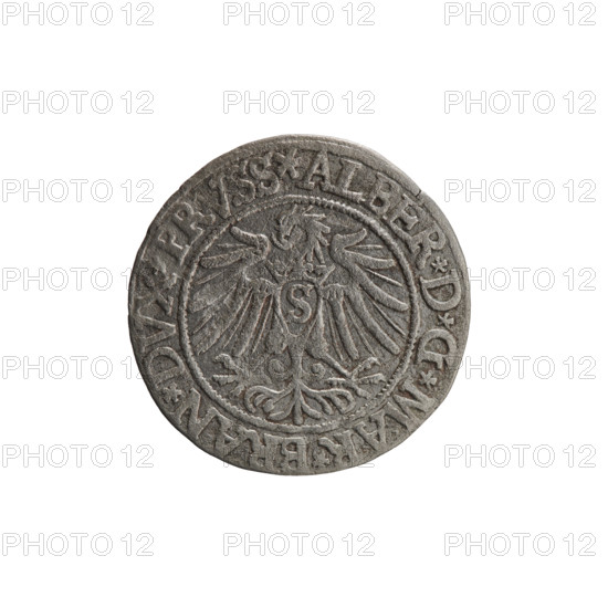 grosz; Vogelwaider (Vogelwaid), Eustachius, publisher; Decius, Jost Ludwik (fl. 1528-1535); R (rarity); eagles; Albrecht Hohenzollern (Prince of Prussia; 1490-1568) - iconography; male busts in armor; Hohenzollern (coat of arms). Obv.: Prussian eagle, on its chest a crowned letter S. On the rim between the pearl borders an inscription beginning with a rosette ALBER*D*G*MAR*BRAN*DVX*PRVSS. Rev.: Male bust in armor, profile turned to the right, short hair, beard with sideburns. On the rim, between the pearl borders, an inscription beginning with the Hohenzollern coat of arms: *IVSTVS*EX*FIDE*VIVIT*I537*. Date: 1537, Königsberg, Ducal Prussia (1525–1701). Coin: diameter 23.3 mm, weight 1.66 g, axis 135°.