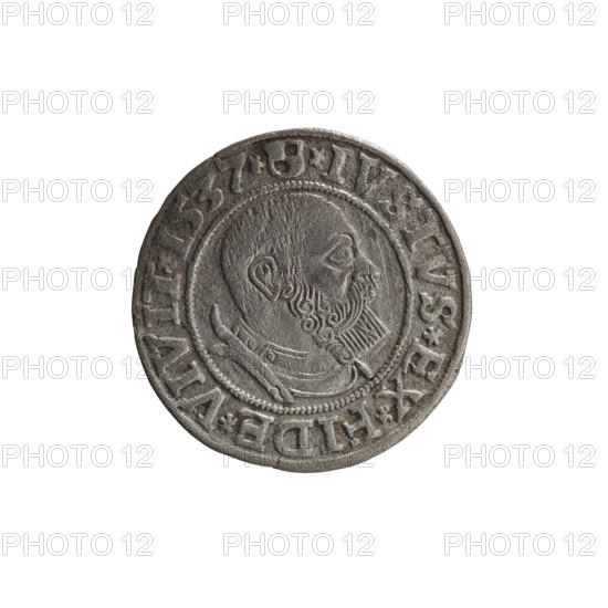 grosz; Vogelwaider (Vogelwaid), Eustachius, publisher; Decius, Jost Ludwik (fl. 1528-1535); R (rarity); eagles; Albrecht Hohenzollern (Prince of Prussia; 1490-1568) - iconography; male busts in armor; Hohenzollern (coat of arms). Obv.: Prussian eagle, on its chest a crowned letter S. On the rim between the pearl borders an inscription beginning with a rosette ALBER*D*G*MAR*BRAN*DVX*PRVSS. Rev.: Male bust in armor, profile turned to the right, short hair, beard with sideburns. On the rim, between the pearl borders, an inscription beginning with the Hohenzollern coat of arms: *IVSTVS*EX*FIDE*VIVIT*I537*. Date: 1537, Königsberg, Ducal Prussia (1525-1701). Coin: diameter 23.3 mm, weight 1.66 g, axis 135 degrees.