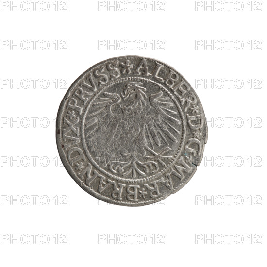 Decius Grosz; Jost Ludwik (fl. 1528–1535), publisher; Vogelwaider (Vogelwaid), Eustachius. Coin, 1537, Königsberg, Ducal Prussia (1525–1701). Obverse: Prussian eagle, on its chest a crowned letter S; on the rim between pearl borders an inscription beginning with a rosette ALBER*D*G*MAR*BRAN*DVX*PRVSS. Reverse: male bust in armor, profile right, short hair, beard with sideburns; on the rim between pearl borders an inscription beginning with the Hohenzollern coat of arms: *IVSTVS*EX*FIDE*VIVIT*I537*. Iconography: Albrecht Hohenzollern (Prince of Prussia; 1490–1568) — Hohenzollern coat of arms, male busts in armor, eagles. Coin: diameter 23.3 mm, weight 1.77 g, axis 315°. R (rarity).