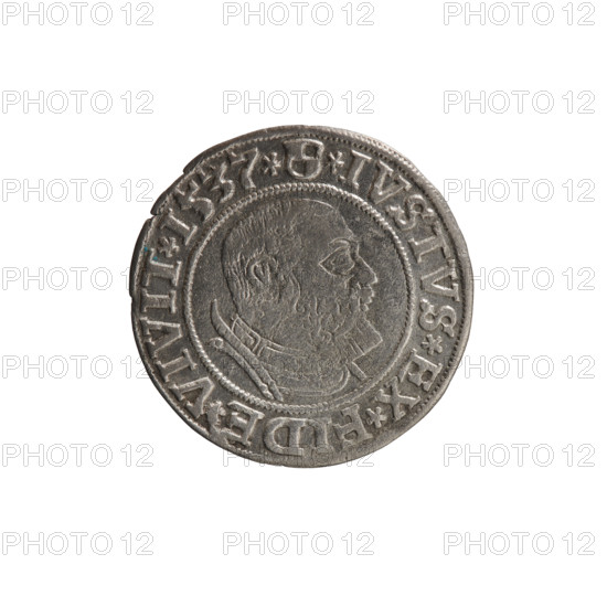 grosz, Decius, Jost Ludwik (fl. 1528-1535), Vogelwaider (Vogelwaid), Eustachius, publisher, R (rarity). Iconography: Albrecht Hohenzollern (Prince of Prussia; 1490–1568) — Hohenzollern coat of arms, male busts in armor, eagles. Obverse: Prussian eagle with a crowned letter S on its chest; on the rim between the pearl borders an inscription beginning with a rosette ALBER*D*G*MAR*BRAN*DVX*PRVSS. Reverse: Male bust in armor, profile turned to the right, short hair, beard with sideburns; on the rim between the pearl borders an inscription beginning with the Hohenzollern coat of arms: *IVSTVS*EX*FIDE*VIVIT*I537*. 1537, Königsberg, Ducal Prussia (1525–1701). Coin: diameter 23.3 mm, weight 1.77 g, axis 315°.
