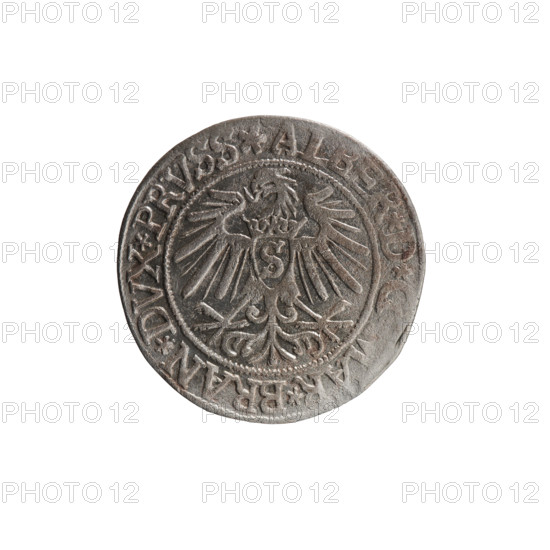 grosz; Vogelwaider (Vogelwaid), Eustachius, publisher; Decius, Jost Ludwik (fl. 1528–1535); R (rarity); eagles; Albrecht Hohenzollern (Prince of Prussia; 1490–1568) - iconography; male busts in armor; Hohenzollern (coat of arms). Obv.: Prussian eagle, on its chest a crowned letter S. On the rim between the pearl borders an inscription beginning with a rosette ALBER*D*G, MAR*BRAN*DVX*PRVSS. Rev.: male bust in armor, profile turned to the right, short hair, beard with sideburns. On the rim, between the pearl borders, an inscription beginning with the Hohenzollern coat of arms: *IVSTVS*EX, IDE*VIVIT*I537*. Date: 1537. Place: Königsberg, Ducal Prussia (1525–1701). Object: coin (grosz). Dimensions: diameter 23.1 mm; weight 1.94 g; axis 90°.