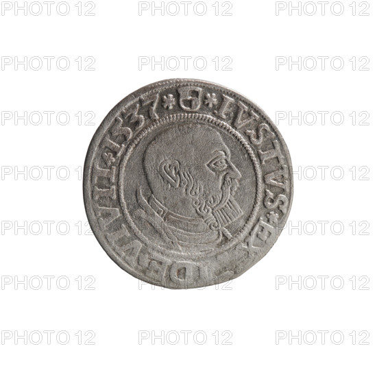 grosz; Vogelwaider (Vogelwaid), Eustachius, publisher; Decius, Jost Ludwik (fl. 1528–1535); R (rarity); eagles; Albrecht Hohenzollern (Prince of Prussia; 1490–1568) - iconography; male busts in armor; Hohenzollern (coat of arms). Obv.: Prussian eagle, on its chest a crowned letter S. On the rim between the pearl borders an inscription beginning with a rosette ALBER*D*G, MAR*BRAN*DVX*PRVSS. Rv.: Male bust in armor, profile turned to the right, short hair, beard with sideburns. On the rim, between the pearl borders, an inscription beginning with the Hohenzollern coat of arms: *IVSTVS*EX, IDE*VIVIT*I537*. Date: 1537. Place: Königsberg, Ducal Prussia (1525–1701). Object: coin; diameter 23.1 mm; weight 1.94 g; axis 90°.