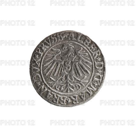 grosz, Vogelwaider (Vogelwaid), Eustachius, publisher, Decius, Jost Ludwik (fl. 1528-1535), R (rarity), Albrecht Hohenzollern (Prince of Prussia; 1490-1568) - iconography, eagles, Hohenzollern (coat of arms), male busts in armor, Obv. Prussian eagle, on its chest a crowned letter S. On the rim between the pearl borders an inscription beginning with a rosette ALBER*D*G*MAR*BRAN*DVX*PRVSS Rw. Male bust in armor, profile turned to the right, short hair, beard with sideburns. On the rim, between the pearl borders, an inscription beginning with the Hohenzollern coat of arms: *IVSTVS*EX*FIDE*VIVIT*I537*, 1537, Königsberg, Ducal Prussia (1525-1701), coin, coin: diameter 23.0 mm, weight 1.59 g, axis 135 degrees.