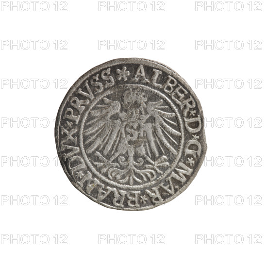 Decius Grosz (fl. 1528–1535), publisher Eustachius Vogelwaider; coin (1537, Königsberg, Ducal Prussia). Obverse: Prussian eagle, on its chest a crowned letter S; on rim between pearl borders an inscription beginning with a rosette ALBER*D*G*MAR*BRAN*DVX*PRVSS. Reverse: male bust in armor, profile turned right, short hair, beard with sideburns; on rim between pearly borders an inscription beginning with the Hohenzollern coat of arms: *IVSTVS*EX*FIDE*VIVIT*I537*. Hohenzollern iconography (Albrecht Hohenzollern, Prince of Prussia; 1490–1568). Coin diameter 23.7 mm, weight 1.50 g, axis 180°. R (rarity).