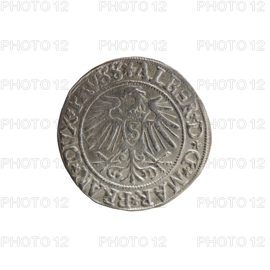 Obverse: Prussian eagle; on its chest a crowned letter S. On the rim between pearl borders an inscription beginning with a rosette ALBER*D*G*MAR*BRAN*DVX*PRVSS. Reverse: male bust in armor, profile right, short hair, beard with sideburns. On the rim between pearl borders an inscription beginning with the Hohenzollern coat of arms: *IVSTVS*EX*FIDE*VIVIT*I537*. Maker: Grosz; Vogelwaider (Vogelwaid), Eustachius (publisher); Decius, Jost Ludwik (fl. 1528–1535). Iconography: Albrecht Hohenzollern (Prince of Prussia; 1490–1568), Hohenzollern coat of arms, eagles. Date/place: 1537, Königsberg, Ducal Prussia (1525–1701). Object: coin; diameter 23.6 mm; weight 2.00 g; axis 135°. R (rarity).