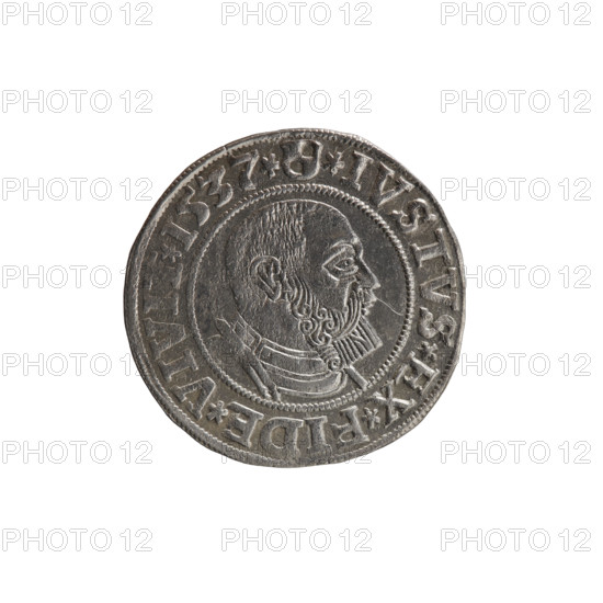 Grosz, Vogelwaider (Vogelwaid), Eustachius, publisher; Decius, Jost Ludwik (fl. 1528–1535); R (rarity). Obv.: Prussian eagle; on its chest a crowned letter S. On the rim between pearl borders an inscription beginning with a rosette: ALBER*D*G*MAR*BRAN*DVX*PRVSS. Rev.: Male bust in armor, profile turned to the right, short hair, beard with sideburns; on the rim, between the pearl borders, an inscription beginning with the Hohenzollern coat of arms: *IVSTVS*EX*FIDE*VIVIT*I537*. 1537, Königsberg, Ducal Prussia (1525–1701). Coin; diameter 23.6 mm; weight 2.00 g; axis 135°.