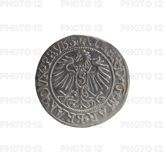 grosz; Vogelwaider (Vogelwaid), Eustachius, publisher; Decius, Jost Ludwik (fl. 1528–1535); R (rarity). Albrecht Hohenzollern (Prince of Prussia; 1490–1568) — iconography: eagles, Hohenzollern coat of arms, male busts in armor. Obverse: Prussian eagle, on its chest a crowned letter S; on the rim between pearl borders an inscription beginning with a rosette: AL R*D*G*MAR*BRAN*DVX*PRVSS. Reverse: male bust in armor, profile to the right, short hair, beard with sideburns; on the rim between pearl borders an inscription beginning with the Hohenzollern coat of arms: *IVSTVS*EX*FIDE*VIVIT*I537*. 1537, Königsberg, Ducal Prussia (1525–1701). Coin: diameter 23.3 mm, weight 1.94 g, axis 200°.