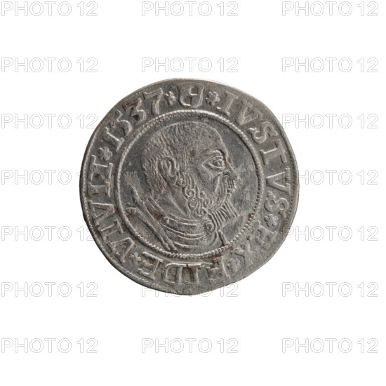 grosz; Vogelwaider (Vogelwaid), Eustachius, publisher; Decius, Jost Ludwik (fl. 1528–1535); R (rarity); Albrecht Hohenzollern (Prince of Prussia; 1490–1568) — iconography: eagles, Hohenzollern (coat of arms), male busts in armor. Obverse: Prussian eagle, on its chest a crowned letter S; on the rim between the pearl borders an inscription beginning with a rosette, AL, R*D*G*MAR*BRAN*DVX*PRVSS. Reverse: male bust in armor, profile turned to the right, short hair, beard with sideburns; on the rim between the pearl borders an inscription beginning with the Hohenzollern coat of arms: *IVSTVS*EX*FIDE*VIVIT*I537*. Date: 1537, Königsberg, Ducal Prussia (1525–1701). Coin: diameter 23.3 mm, weight 1.94 g, axis 200°.