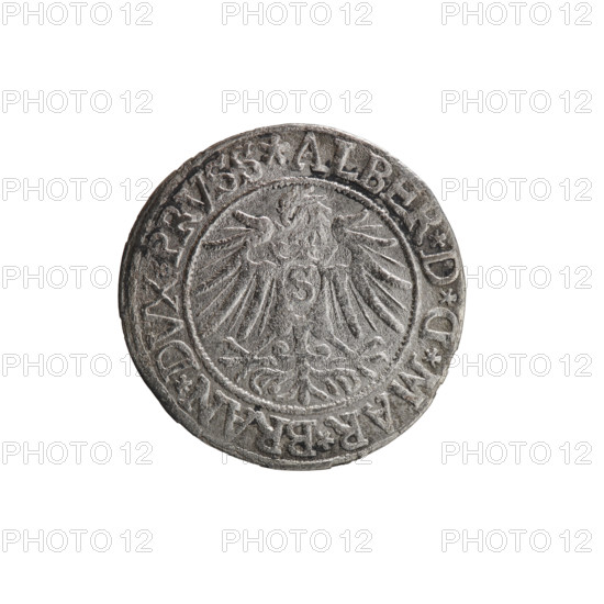 grosz; Vogelwaider (Vogelwaid), Eustachius, publisher; Decius, Jost Ludwik (fl. 1528–1535); R (rarity); eagles; Albrecht Hohenzollern (Prince of Prussia; 1490–1568) — iconography; Hohenzollern (coat of arms); male busts in armor. Obv.: Prussian eagle, on its chest a crowned letter S. On the rim between the pearl borders an inscription beginning with a rosette ALBER*D*G*MAR*BRAN*DVX*PRVSS. Rev.: Male bust in armor, profile turned to the right, short hair, beard with sideburns. On the rim, between the pearl borders, an inscription beginning with the Hohenzollern coat of arms: *IVSTVS*EX*FIDE*VIVIT*I537*. Date: 1537. Place: Königsberg, Ducal Prussia (1525–1701). Object: coin (grosz). Diameter 23.6 mm; weight 1.84 g; axis 340°.