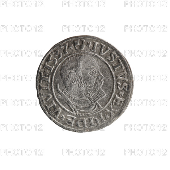 grosz; Vogelwaider (Vogelwaid), Eustachius, publisher; Decius, Jost Ludwik (fl. 1528-1535); R (rarity); eagles; Albrecht Hohenzollern (Prince of Prussia; 1490-1568) - iconography; Hohenzollern (coat of arms); male busts in armor. Obv.: Prussian eagle, on its chest a crowned letter S. On the rim between the pearl borders an inscription beginning with a rosette ALBER*D*G*MAR*BRAN*DVX*PRVSS. Rev.: Male bust in armor, profile turned to the right, short hair, beard with sideburns. On the rim, between the pearl borders, an inscription beginning with the Hohenzollern coat of arms: *IVSTVS*EX*FIDE*VIVIT*I537*. 1537, Königsberg, Ducal Prussia (1525–1701). Coin; diameter 23.6 mm; weight 1.84 g; axis 340°.