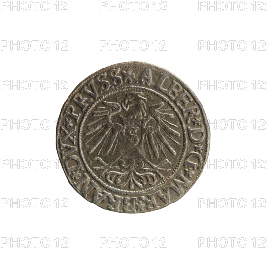 Obverse: Prussian eagle, on its chest a crowned letter S. On the rim between the pearl borders an inscription beginning with a rosette ALBER*D*G*MAR*BRAN*DVX*PRVSS. Reverse: male bust in armor, profile turned to the right, short hair, beard with sideburns. On the rim, between the pearly borders, an inscription beginning with the Hohenzollern coat of arms: *IVSTVS*EX*FIDE*VIVIT*I537*. Maker/publisher: Grosz; Vogelwaider (Vogelwaid), Eustachius; Decius, Jost Ludwik (fl. 1528–1535). Subject/maker: Albrecht Hohenzollern (Prince of Prussia; 1490–1568) — iconography. Date and place: 1537, Königsberg, Ducal Prussia (1525–1701). Coin: diameter 23.4 mm, weight 1.86 g, axis 120°. R (rarity).