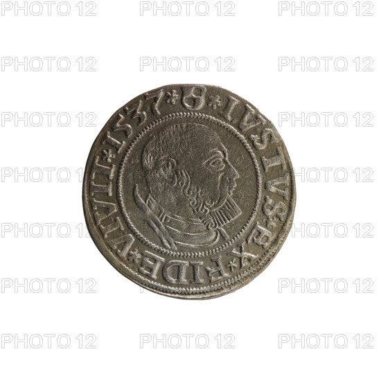 Obverse: Prussian eagle; on its chest a crowned letter S. On the rim between the pearl borders an inscription beginning with a rosette ALBER*D*G*MAR*BRAN*DVX*PRVSS. Reverse: male bust in armor, profile turned to the right, short hair, beard with sideburns. On the rim, between the pearly borders, an inscription beginning with the Hohenzollern coat of arms: *IVSTVS*EX*FIDE*VIVIT*I537*. Maker/publisher: Grosz, Vogelwaider (Vogelwaid), Eustachius; Decius, Jost Ludwik (fl. 1528–1535). Inscription includes R (rarity). Subject: Albrecht Hohenzollern (Prince of Prussia; 1490–1568) — iconography with Hohenzollern coat of arms and eagles. Date/place: 1537, Königsberg, Ducal Prussia (1525–1701). Object: coin; diameter 23.4 mm; weight 1.86 g; axis 120°.
