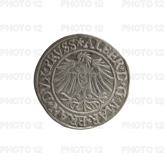 grosz; Vogelwaider (Vogelwaid), Eustachius, publisher; Decius, Jost Ludwik (fl. 1528–1535); R (rarity); Albrecht Hohenzollern (Prince of Prussia; 1490–1568) — iconography: Hohenzollern coat of arms, eagles, male busts in armor. Obverse: Prussian eagle with on its chest a crowned letter S; on the rim between the pearl borders an inscription beginning with a rosette ALBER*D*G*MAR*BRAN*DVX*PRVSS. Reverse: male bust in armor, profile turned to the right, short hair, beard with sideburns; on the rim between the pearl borders an inscription beginning with the Hohenzollern coat of arms: *IVSTVS*EX*FIDE*VIVIT*I537*. Date: 1537, Königsberg, Ducal Prussia (1525–1701). Coin: diameter 23.6 mm, weight 1.93 g, axis 60°.