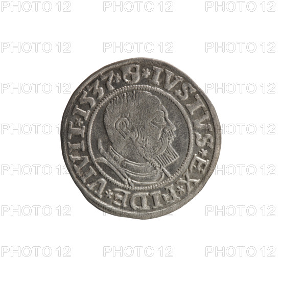 Obverse: Prussian eagle; on its chest a crowned letter S. On the rim between the pearl borders an inscription beginning with a rosette ALBER*D*G*MAR*BRAN*DVX*PRVSS. Reverse: male bust in armor, profile turned to the right, short hair, beard with sideburns. On the rim, between the pearl borders, an inscription beginning with the Hohenzollern coat of arms: *IVSTVS*EX*FIDE*VIVIT*I537*. Maker/publisher: grosz, Vogelwaider (Vogelwaid), Eustachius; publisher Decius, Jost Ludwik (fl. 1528–1535). Albrecht Hohenzollern (Prince of Prussia; 1490–1568) — iconography. Date: 1537, Königsberg, Ducal Prussia (1525–1701). Coin; diameter 23.6 mm; weight 1.93 g; axis 60°. R (rarity).