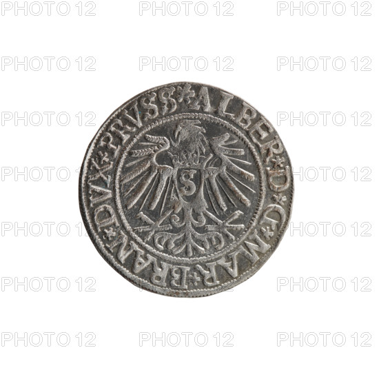 grosz; Vogelwaider (Vogelwaid), Eustachius, publisher; Decius, Jost Ludwik (fl. 1528–1535); R (rarity); eagles; Albrecht Hohenzollern (Prince of Prussia; 1490–1568) – iconography; Hohenzollern (coat of arms); male busts in armor. Obv.: Prussian eagle, on its chest a crowned letter S. On the rim between the pearl borders an inscription beginning with a rosette ALBER*D*G*MAR*BRAN*DVX*PRVSS. Rv.: Male bust in armor, profile to the right, short hair, beard with sideburns. On the rim, between the pearl borders, an inscription beginning with the Hohenzollern coat of arms *IVSTVS*EX*FIDE*VIVIT* I537*. 1537, Königsberg, Ducal Prussia (1525–1701). Coin; diameter 23.5 mm; weight 1.92 g; axis 0°.