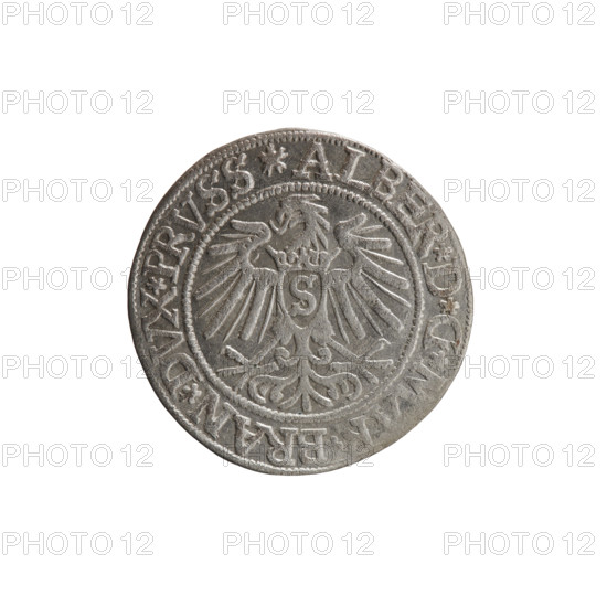 grosz; Vogelwaider (Vogelwaid), Eustachius, publisher; Decius, Jost Ludwik (fl. 1528–1535); R (rarity). Albrecht Hohenzollern (Prince of Prussia; 1490–1568) — iconography: eagles, Hohenzollern (coat of arms), male busts in armor. Obverse: Prussian eagle, on its chest a crowned letter S; on the rim between the pearl borders an inscription beginning with a rosette ALBER*D*G*MAR*BRAN*DVX*PRVSS. Reverse: male bust in armor, profile turned to the right, short hair, beard with sideburns; on the rim between the pearl borders an inscription beginning with the Hohenzollern coat of arms: *IVSTVS*EX*FIDE*VIVIT*I537*. Date: 1537, Königsberg, Ducal Prussia (1525–1701). Coin; diameter 23.4 mm; weight 2.04 g; axis 200 degrees.