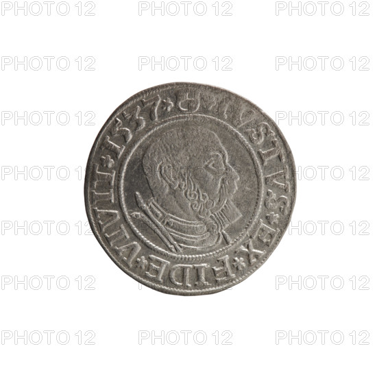 grosz, Vogelwaider (Vogelwaid), Eustachius, publisher, Decius, Jost Ludwik (fl. 1528-1535), R (rarity), Albrecht Hohenzollern (Prince of Prussia; 1490-1568) - iconography, eagles, Hohenzollern (coat of arms), male busts in armor, Obv. Prussian eagle, on its chest a crowned letter S. On the rim between the pearl borders an inscription beginning with a rosette ALBER*D*G*MAR*BRAN*DVX*PRVSS Rw. Male bust in armor, profile turned to the right, short hair, beard with sideburns. On the rim, between the pearl borders, an inscription beginning with the Hohenzollern coat of arms: *IVSTVS*EX*FIDE*VIVIT*I537*, 1537, Königsberg, Ducal Prussia (1525-1701), coin, diameter 23.4 mm, weight 2.04 g, axis 200 degrees.