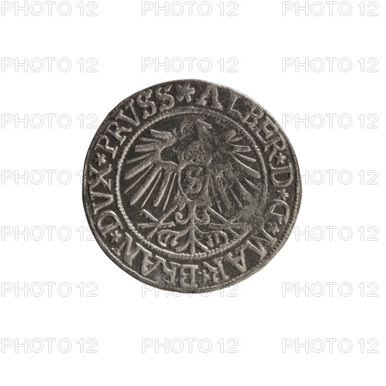 grosz; Vogelwaider (Vogelwaid), Eustachius, publisher; Decius, Jost Ludwik (fl. 1528–1535); R (rarity); Albrecht Hohenzollern (Prince of Prussia; 1490–1568) — iconography: eagles, Hohenzollern (coat of arms), male busts in armor. Obv.: Prussian eagle, on its chest a crowned letter S; on the rim between the pearl borders an inscription beginning with a rosette ALBER*D*G*MAR*BRAN*DVX*PRVSS. Rv.: male bust in armor, profile turned to the right, short hair, beard with sideburns; on the rim, between the pearl borders, an inscription beginning with the Hohenzollern coat of arms *IVSTVS*EX*FIDE*VIVIT*I537*. 1537, Königsberg, Ducal Prussia (1525–1701). Coin: diameter 23.3 mm, weight 1.96 g, axis 170°.