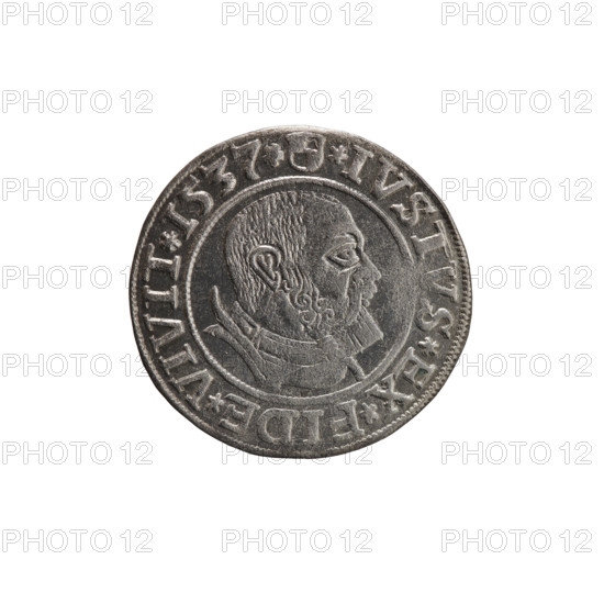 Obverse: Prussian eagle, on its chest a crowned letter S. On the rim between the pearl borders an inscription beginning with a rosette ALBER*D*G*MAR*BRAN*DVX*PRVSS. Reverse: Male bust in armor, profile turned to the right, short hair, beard with sideburns. On the rim, between the pearl borders, an inscription beginning with the Hohenzollern coat of arms *IVSTVS*EX*FIDE*VIVIT* I537*. Maker/publisher: grosz; Vogelwaider (Vogelwaid), Eustachius; Decius, Jost Ludwik (fl. 1528–1535). Subject/figure: Albrecht Hohenzollern (Prince of Prussia; 1490–1568). Iconography: eagles, Hohenzollern coat of arms, male busts in armor. Date/place: 1537, Königsberg, Ducal Prussia (1525–1701). Object: coin; diameter 23.3 mm; weight 1.96 g; axis 170°. R (rarity).