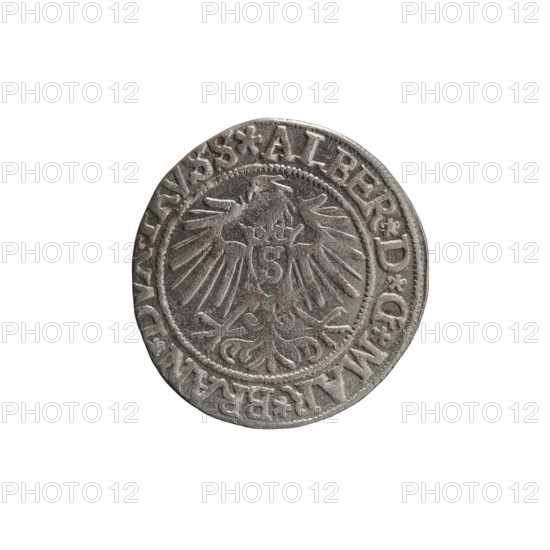 grosz; Vogelwaider (Vogelwaid), Eustachius, publisher; Decius, Jost Ludwik (fl. 1528-1535); R (rarity); eagles; Albrecht Hohenzollern (Prince of Prussia; 1490-1568) — iconography; male busts in armor; Hohenzollern (coat of arms). Obv.: Prussian eagle, on its chest a crowned letter S. On the rim between the pearl borders an inscription beginning with a rosette ALBER*D*G*MAR*BRAN*. Rev.: male bust in armor, profile turned to the right, short hair, beard with sideburns. On the rim, between the pearl borders, an inscription beginning with the Hohenzollern coat of arms: *IVSTVS*EX*FIDE*VIVIT* I537*. 1537, Königsberg, Ducal Prussia (1525–1701). Coin: diameter 23.2 mm, weight 1.90 g, axis 180°.